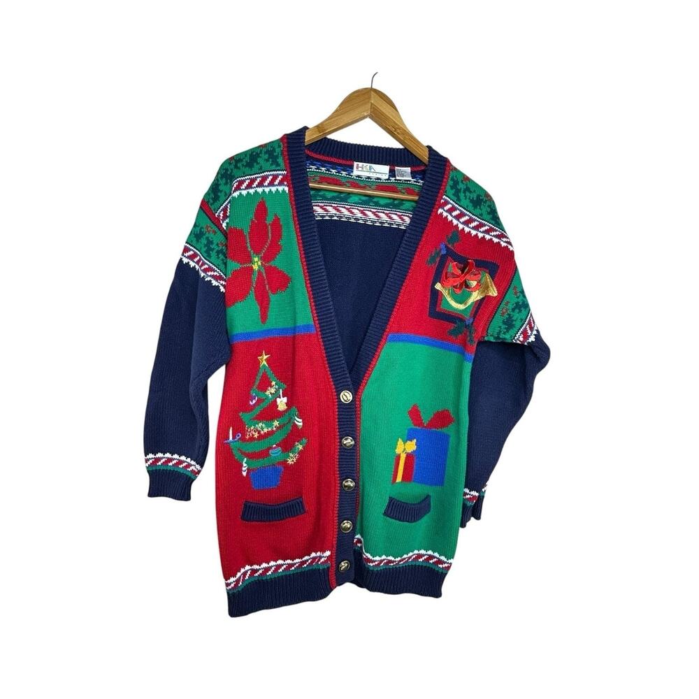 Vintage 90s Embroidered Christmas Cardigan Sweater S Grandmacore Holiday Tunic